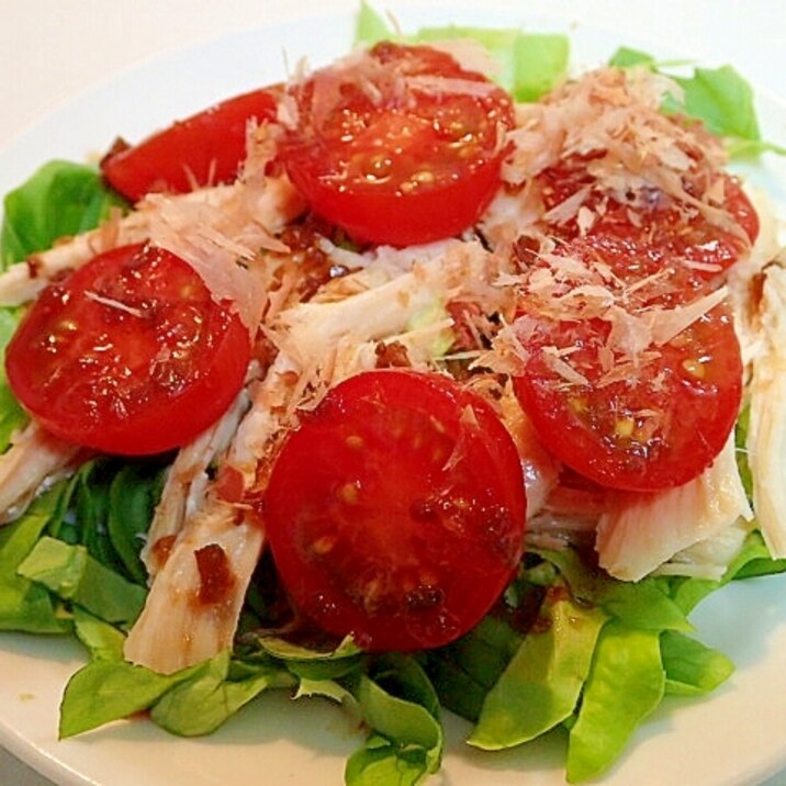 サラダ菜とサラダチキンとプチトマトの和風サラダ